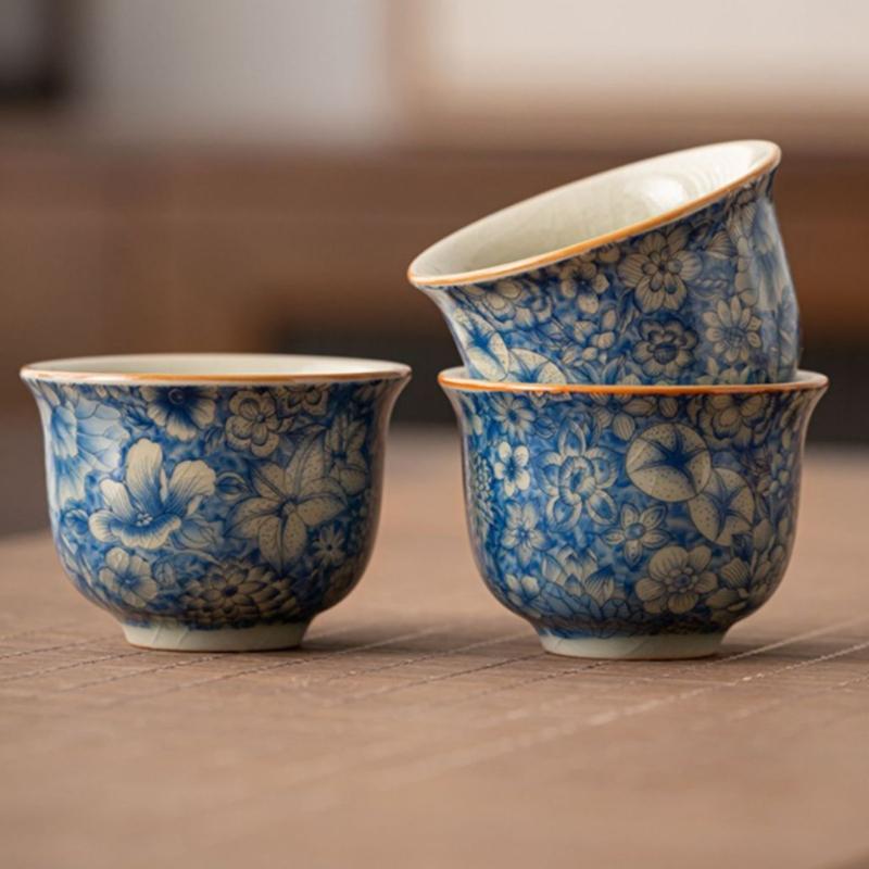 Blue White Floral Ceramic Tea Cup Ru Kiln Style Personal Master Cup for Gongfu Tea Home Use Handmade Chinese Porcelain Gift
