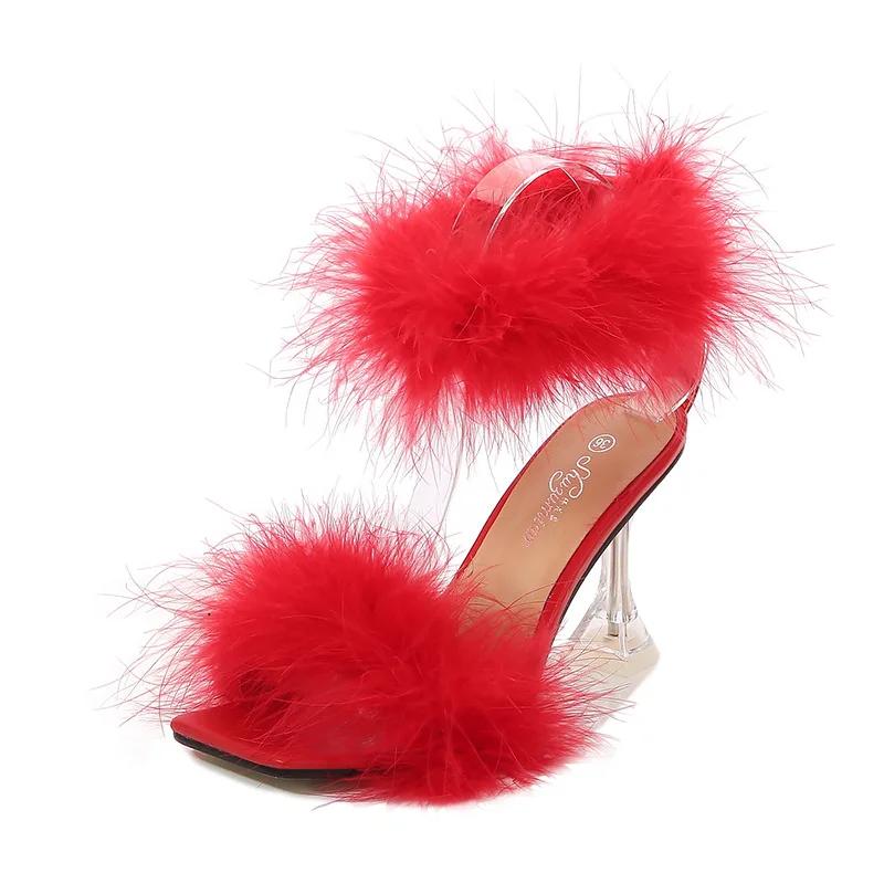 Fashion 9cm new wine glass heel stiletto heels square toe with fur fashion stiletto sandals women