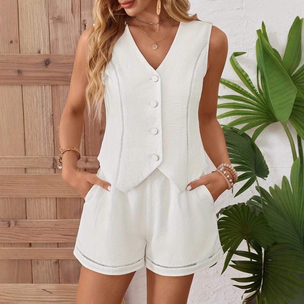 New v-neck single-breasted sleeveless vest shorts casual suit S белый