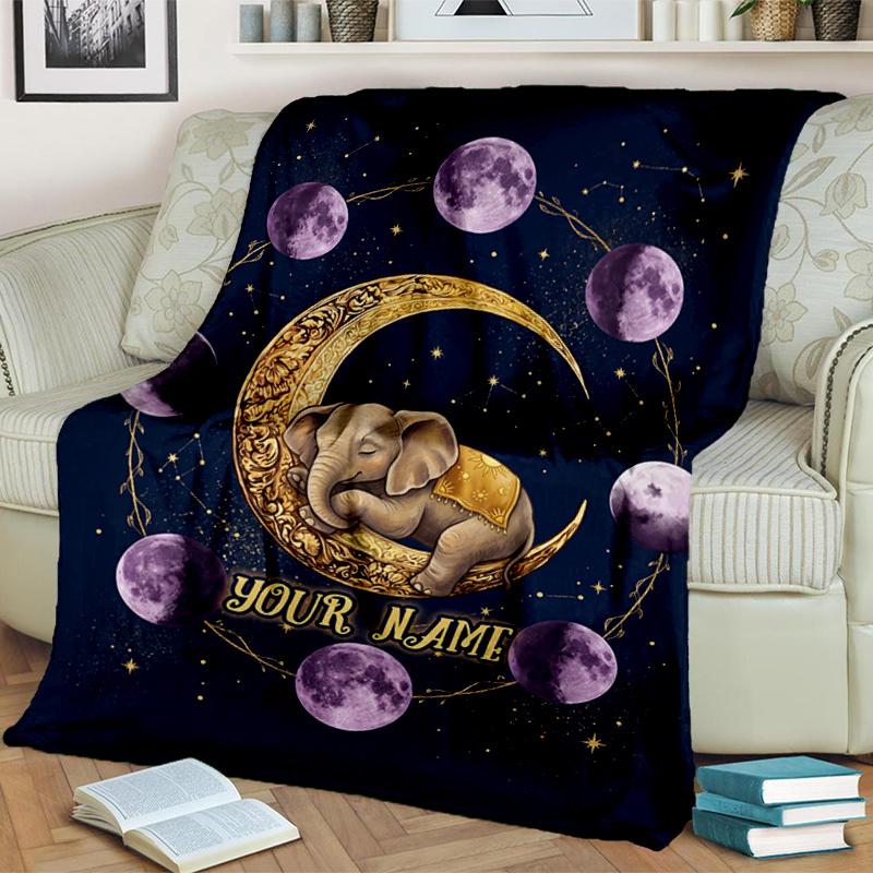1PC Custom Name Ethereal Elephant Moon Journey blanket versatile,all-season throw suitable for the living room,bedroom,camping,travel,and gift
