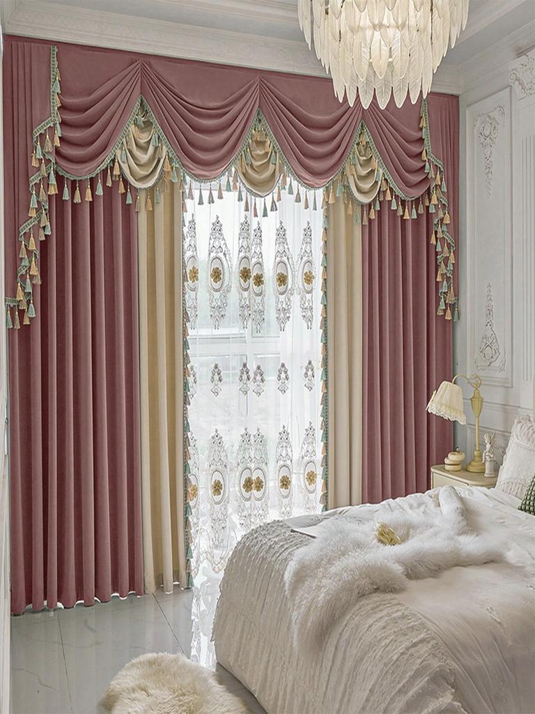 1Pcs European Luxury Tassel Curtain Set: Velvet Blackout + Embroidered Sheer, Court-style Valance, Home Decor
