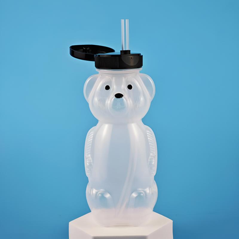 Cute Bear Shaped Bottle Plastic Drink Container Cartoon Honey Bear Straw Cup with Flexible Straws for Milk Juice Honey Storage