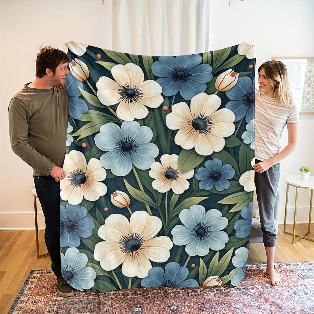 1pc Extra Large Soft Fleece Blanket - Navy Blue, Beige, White, Green Floral Pattern - All-Season Luxury Bedspread/Throw - Machin