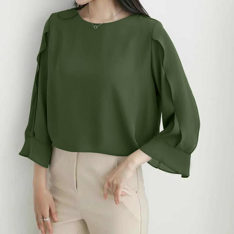ZANZEA Women Casual Round Neck 3/4 Sleeve Solid Color Loose Blouse