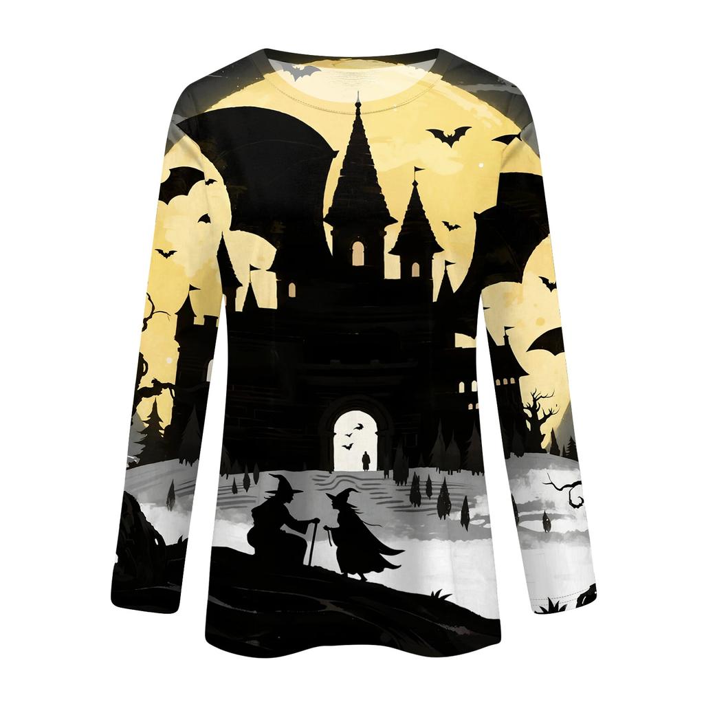 Women's long-sleeved loose-necked Halloween print casual top, suitable for holiday parties