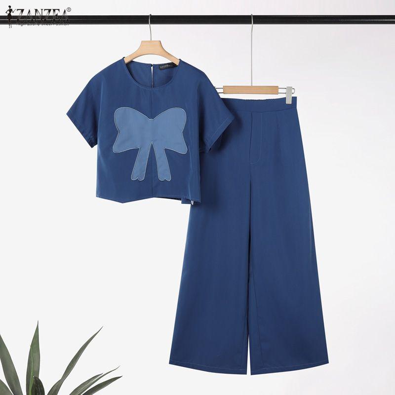 ZANZEA Conjuntos Casuais de Duas Peças para Mulheres: Blusa Floral de Manga Curta e Calças