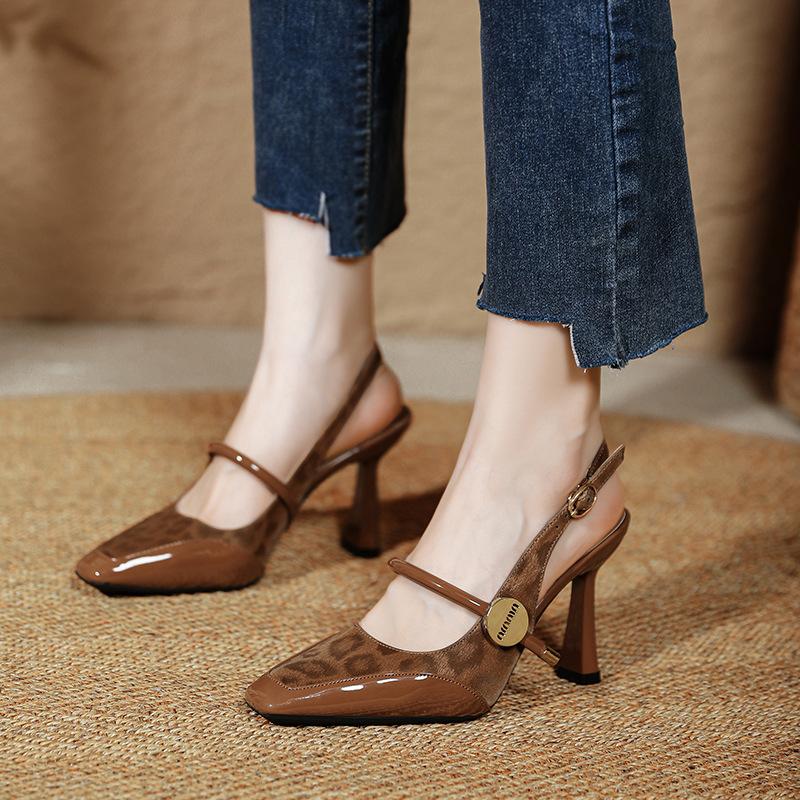 Baotou back empty sandals women's Mary Jane brown leopard print high heels stiletto square head word with single shoes