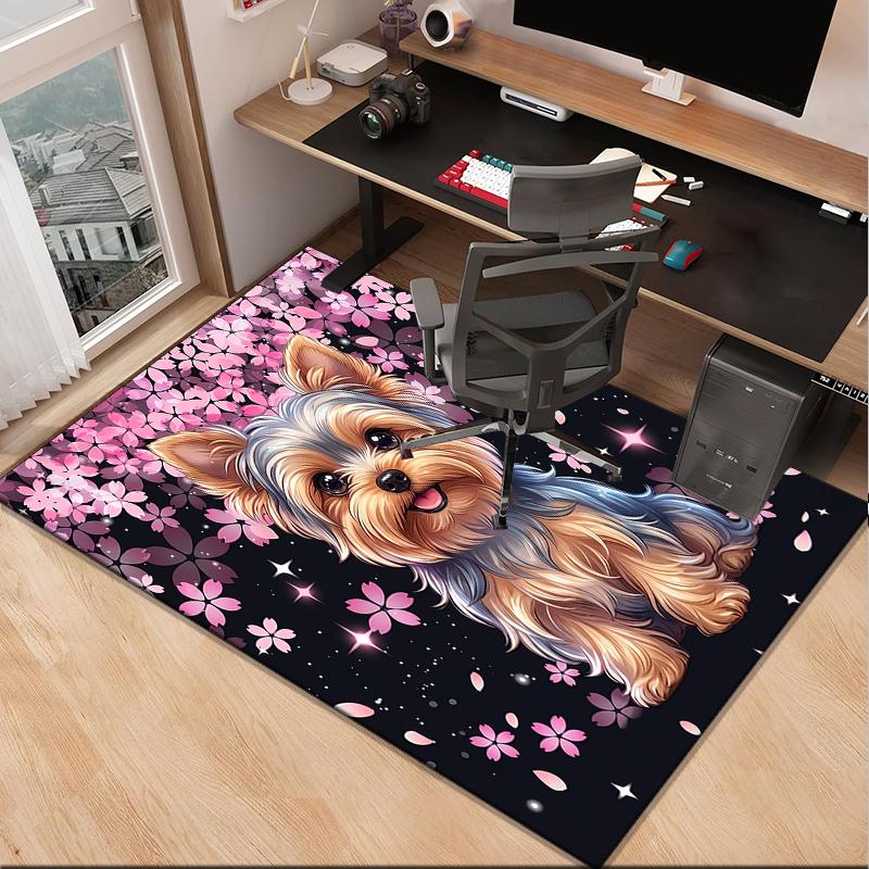 Cherry Blossom Yorkie Office Rug Chair Mat, Entryway Carpet, Suitable for Front Door, Bedroom, Living Room, Desk, Holiday Gift