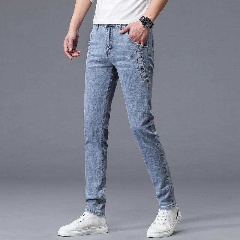 Spring men's jeans slim fit elastic pants men's trendy Korean style casual trousers