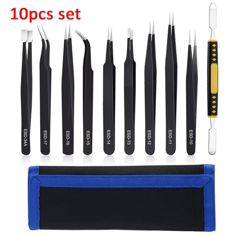 

Anti-static ESD Stainless Steel Tweezers Maintenance Tools Industrial Precision Curved Straight Tweezers Meticulous Repair Tool 10 Pcs with bag