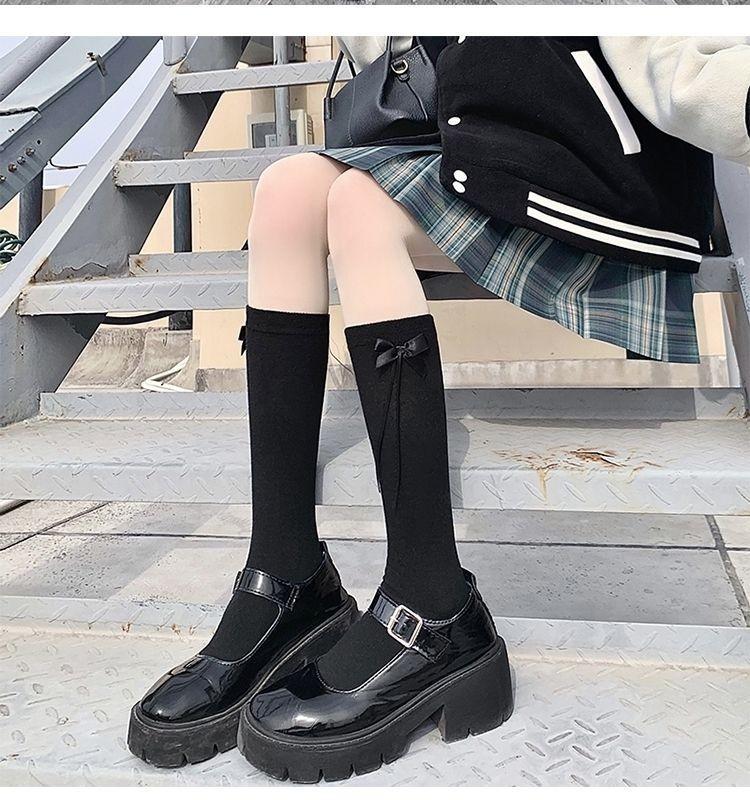 White Jk Bow Calf Socks Niche Women Polyester Cotton Medium Long Tube Spring And Autumn Knee Half Leg Socks High Tube