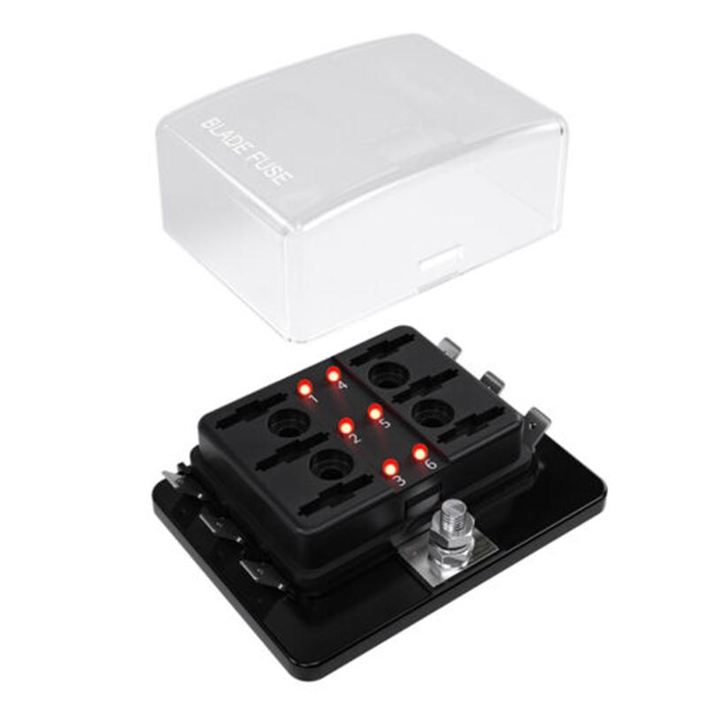 6Ways Blade Fuse Box Block Holder 10-32V Car Boat Marine Fuse Holder Box with LED Warning Light Auto Fuse Connector Switch