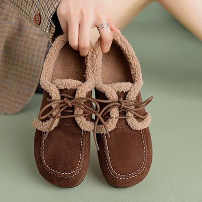 Suede Fur Spring Autumn Winter Flats Lace Up Women Keep Warm Casual Shoes