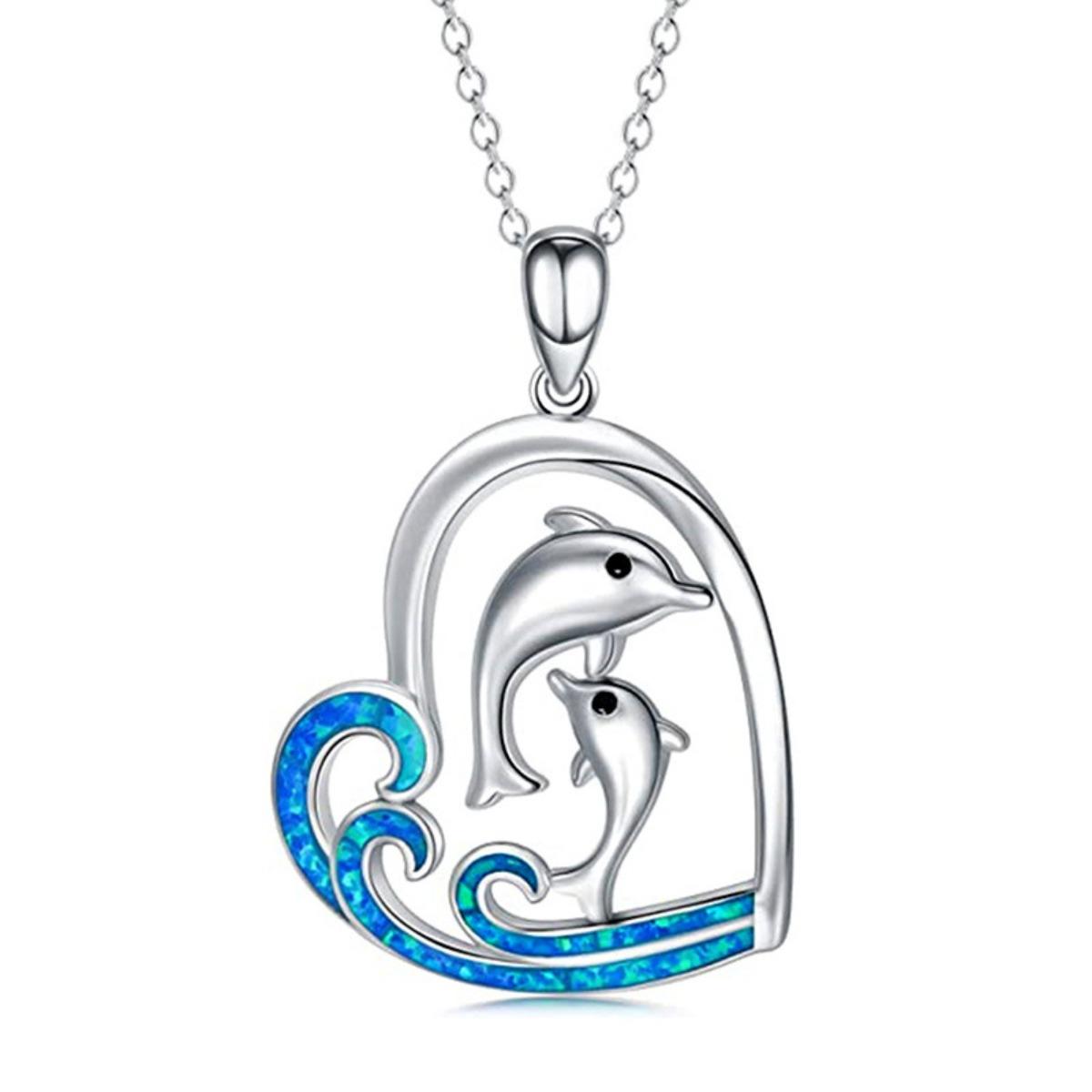 Double Dolphin Heart Pendant Necklace with Blue Opalite Wave Design