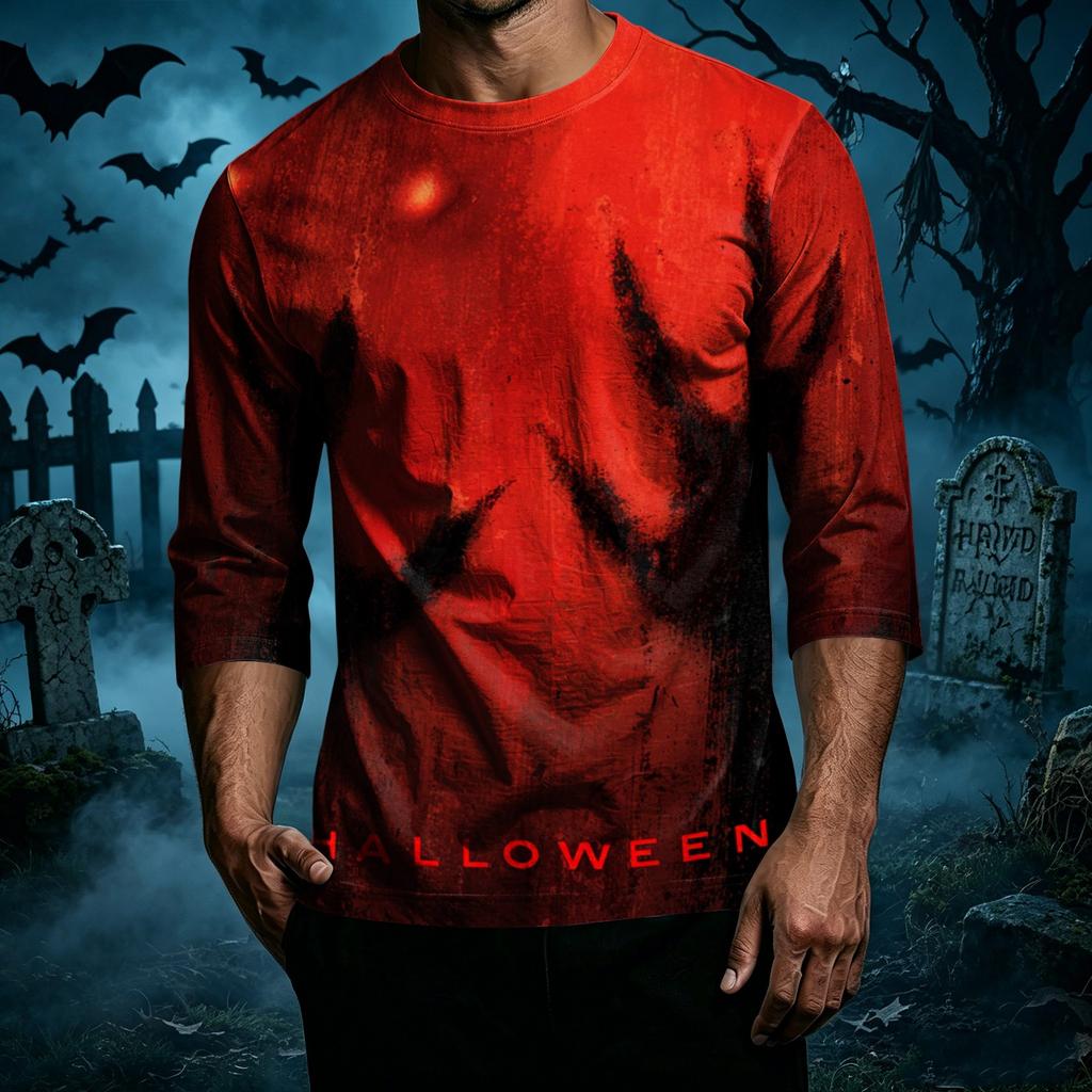 Men's Casual Halloween Print Crew Neck T Shirt Three Quarter Sleeve Top Comfortable Fit Lightweight Fabric Stylish Design