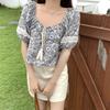 Vintage Ethnic Style Lace-up Square Collar Floral Shirts Women Summer New Loose Puff Sleeve Blouse Woman Elegant Fashion Slim Fit Ladies Shirt 26130