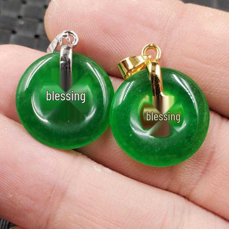 Spinach Green Jade Fu Character Quartzite Jade Buckle Pendant Necklace. Gold variant - diameter 18mm