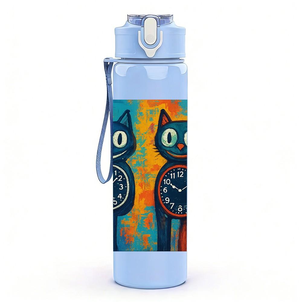 1PC Colorful Twin Cat Clock Art 750ml Color Plastic Sports Water Bottle Leakproof Flip Straw Lid Suitable for Sports Office Home Use