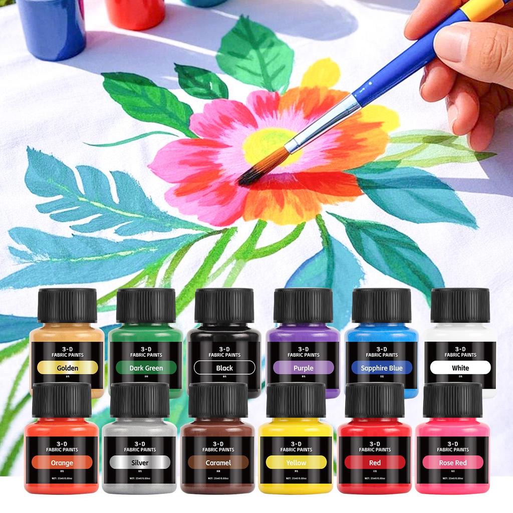 12-kleurig Textielpigmenten Set (25ml) voor doe-het-zelf Glas, Graffiti, Aquarel, Gouache en Acrylverf