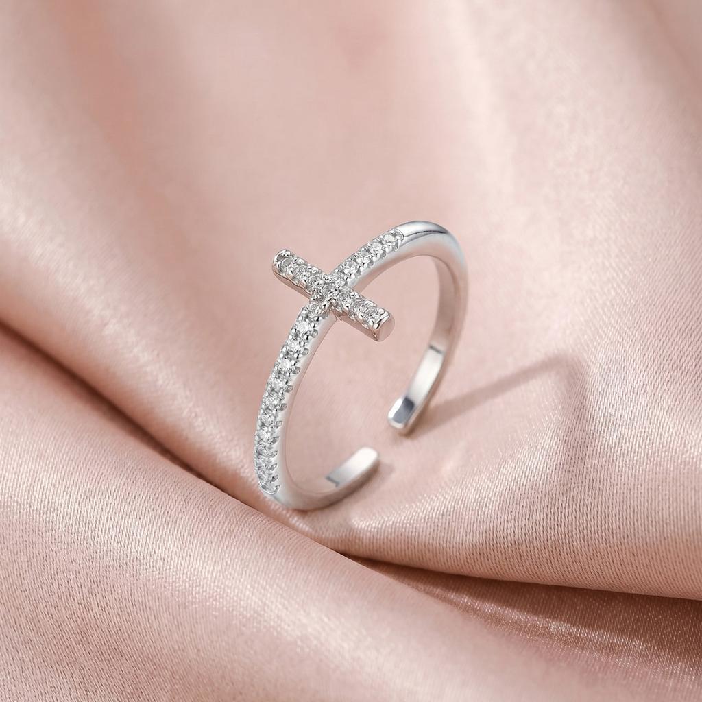 Cross Ring for Women 14k Gold Plated Sideway Cross Adjustable Open Ring Cubic Zirconia Jewelry