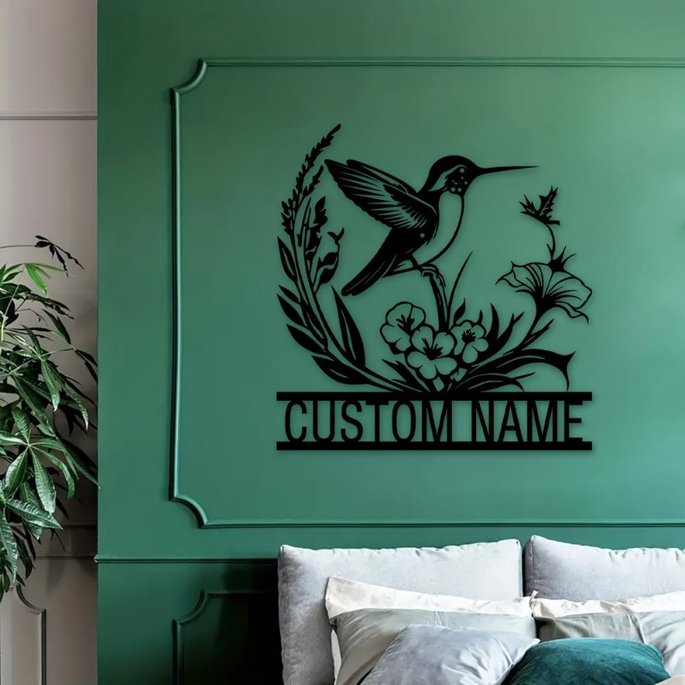 1pc Custom Metal Bird & Floral Wall Art, Personalized Rustic Name Sign for Veranda, Courtyard, Souvenir, Wall Sculpture.