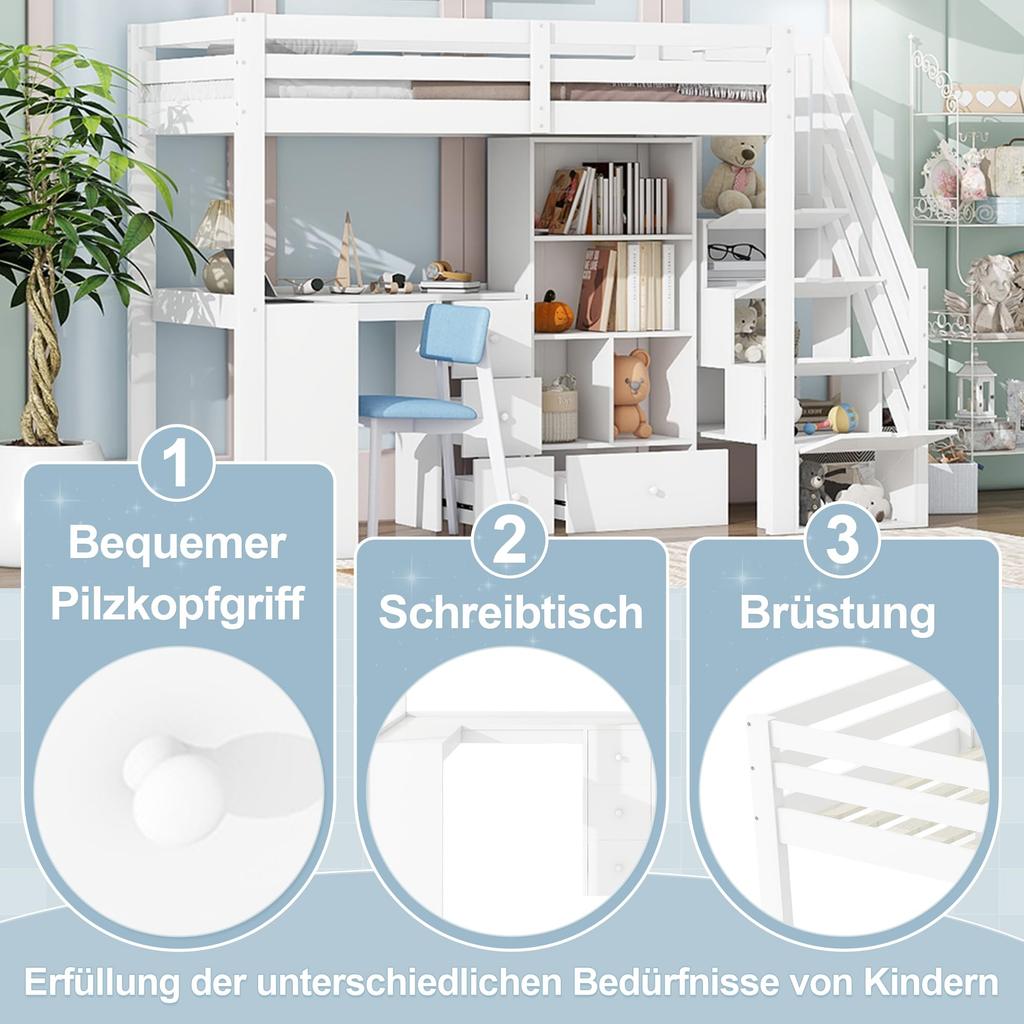 Hochbett 90x200, Kinderbett mit Schreibtisch und Schubladen, Stauraumbett mit Offener Stauschrank und Verstaubare Trittleiter, Bettgestell mit Latt...