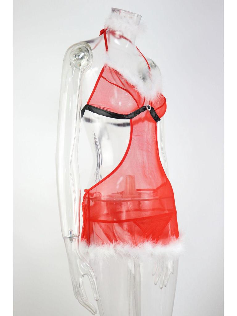 European & American Sexy Red Christmas Lingerie Lace Pajama Set - Deep V Stage Costume