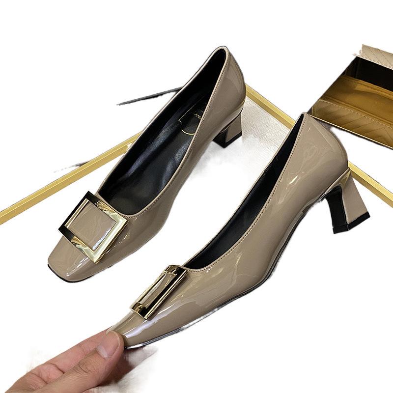Lady Ww Classic Rv Square Buckle Small Square Head Shallow Mouth High Heels Women's Autumn and Winter New Thick Heel Flat Bottom Commuter Shoes