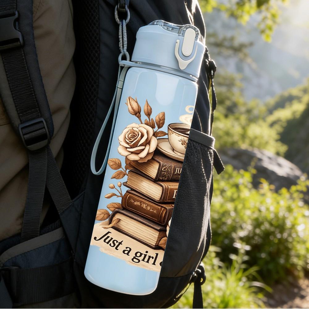 1PC Vintage Books Rose Coffee Print 750ml Color Plastic Sports Water Bottle Leakproof Flip Straw Lid Suitable for Sports Office Home Use