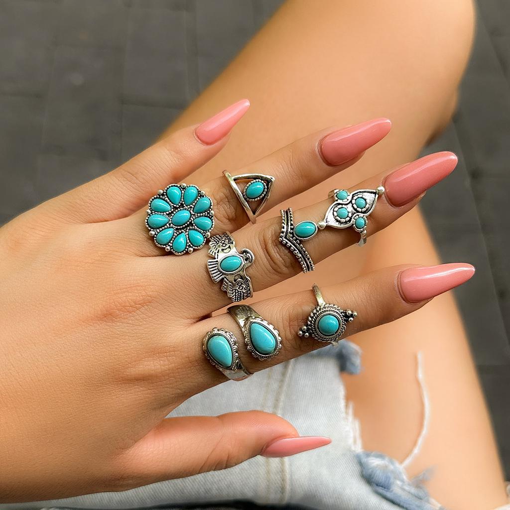 Retro And Old Totem Turquoise Pattern Joint Ring, Ethnic Style Metal Flower Plate Ring Set.