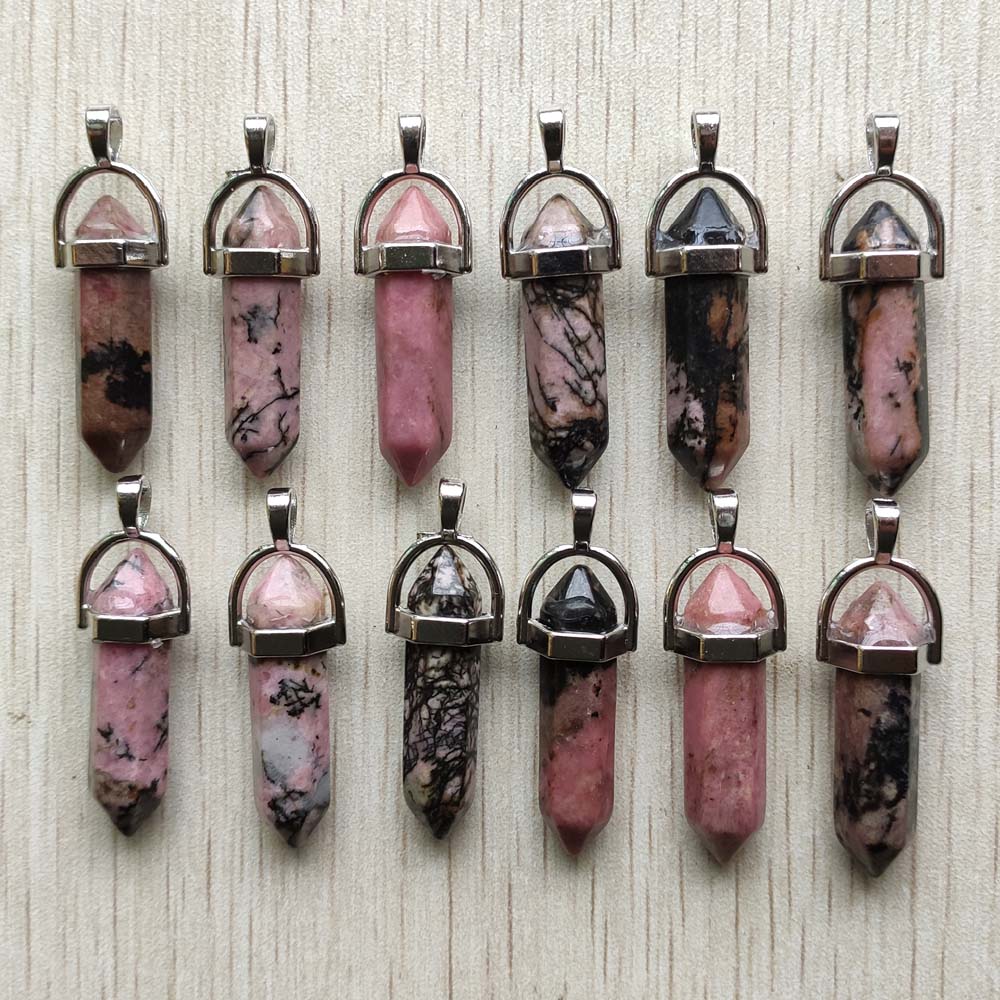 Natural stone quartz aventurine lapis crystal hexagonal pillar Pendants for Jewelry accessories 12pcs