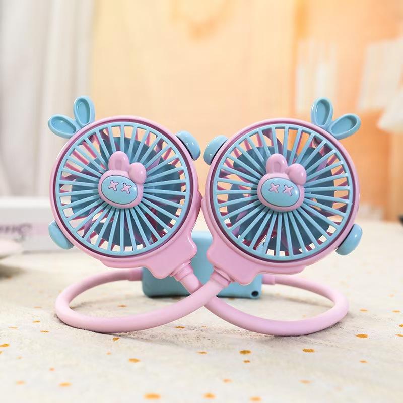 Summer Tourism Heatstroke Cartoon Hanging Neck Small Fan Lazy People Carry with Them Outdoor Sports Color Contrast Fan