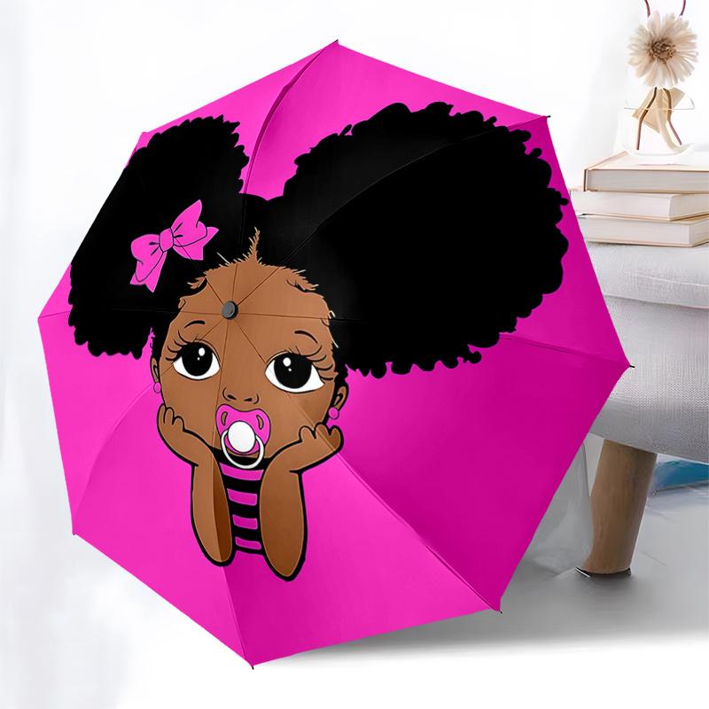 Adorable Afro Puffs with Pink Bow Rain Umbrella: Automatic Opening, Foldable Design, 8-Bone Iron Frame, Outdoor Use, Perfect Gift for Fans a