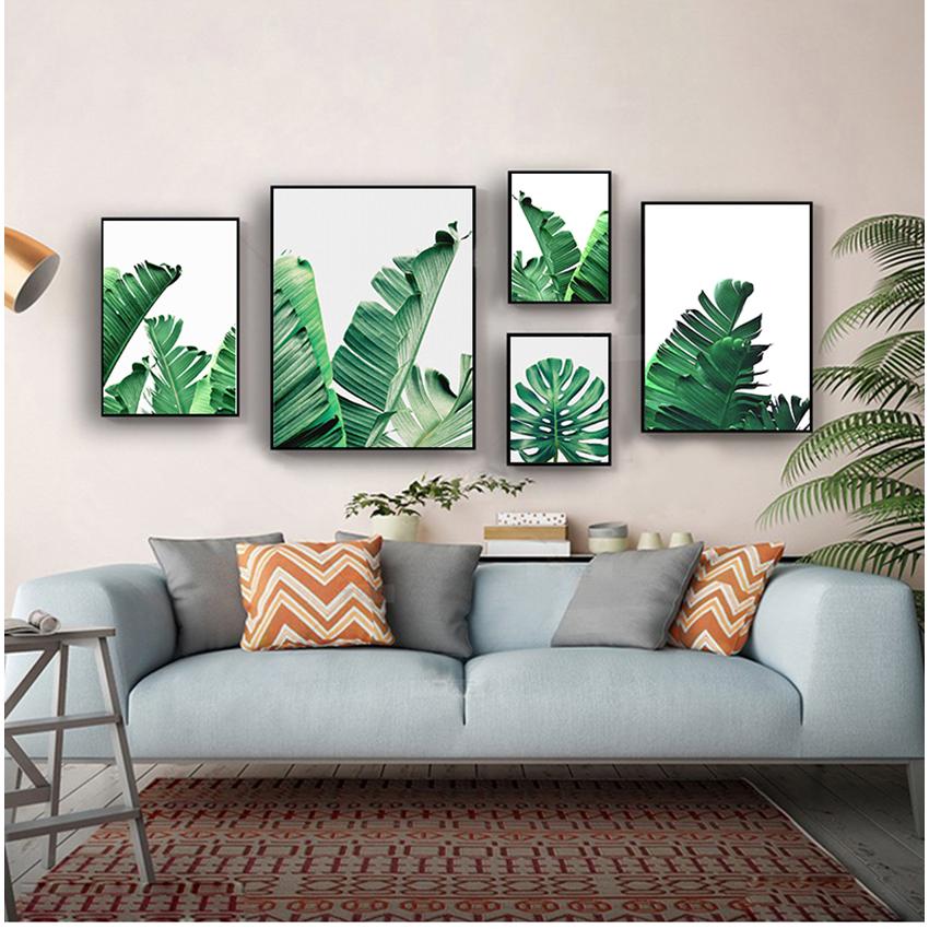 Blatt-Leinwanddrucke und Poster, Wandkunst, Heimdekoration, nordische grüne Pflanzen-Leinwand-Malerei, Wandbilder, tropische Palmen-Bananen-Schildkröte