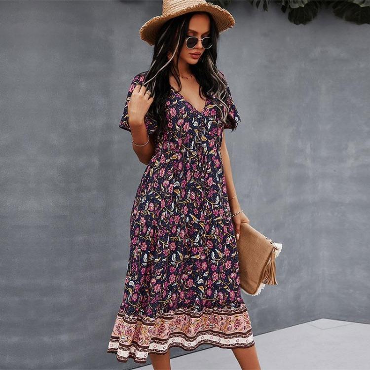 Women Dress Short Sleeve High Waist Spring Summer Bohemian Print V Neck S-XL