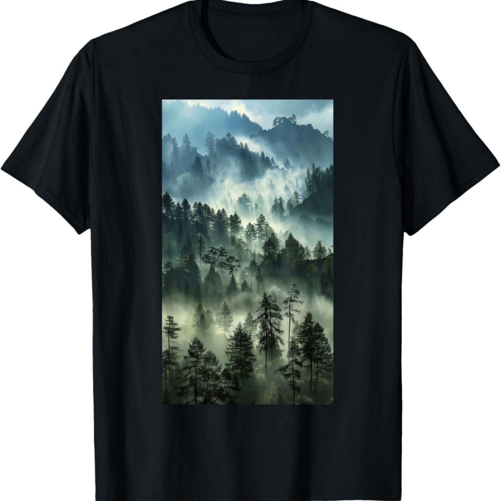 Misty Mountain Scene Forest Mist Nature Trees Fog T-Shirt S