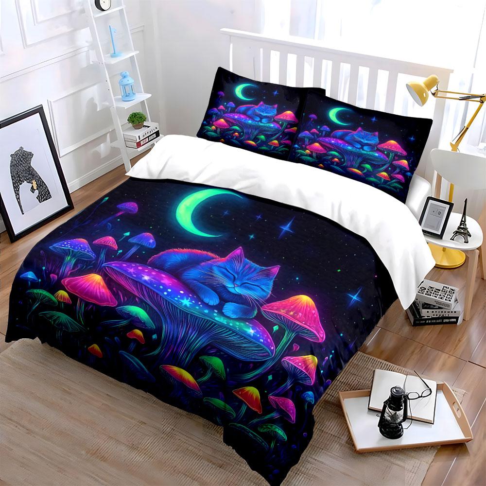 Dreamy Cat and Glowing Mushrooms Print Bedding Set 1 Duvet Cover 2 Pillowcases for Adult and Children Luxury Gift Full Size