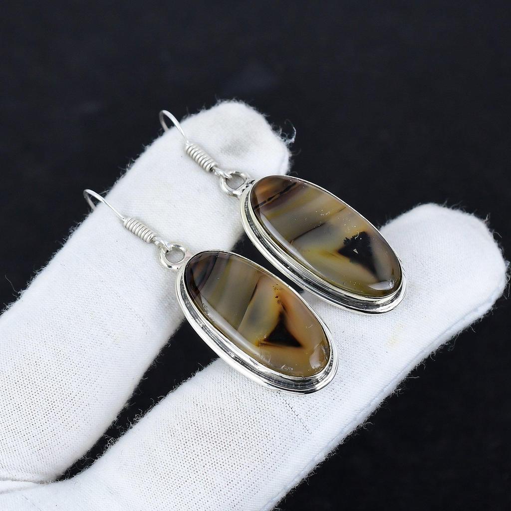 Přírodní Montana Achát Drahokam Starožitné Náušnice 925 Sterlingové Stříbro Náušnice, Boho Stříbrné Šperky Visací Náušnice, Dárky K Narozeninám Dárky Pro Ni