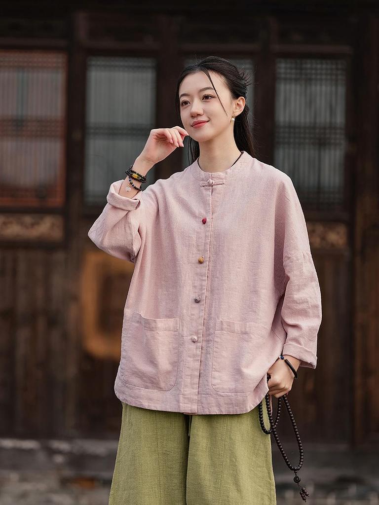 Spring Hemp Color Block Stand Collar Zen Jacket - Women's Cotton Linen Chinese Style Cardigan