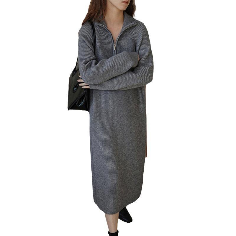 Solid color turtleneck zipper pullover sweater women's autumn and winter knee long dress women's high-end temperament