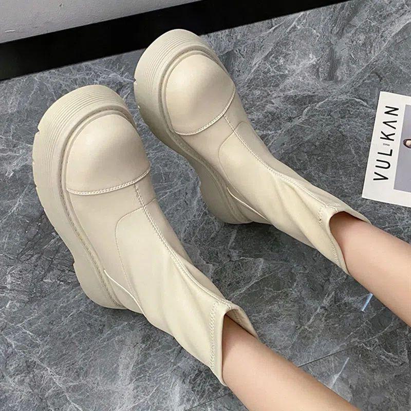 Rear zipper Martin boots's autumn new single boots thick sole heightening versatile British style small short boots