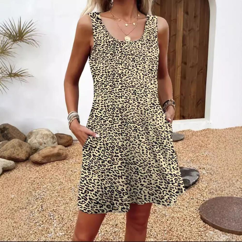 Summer New Arrival Feathers Print Sleeveless Vest Dress Cross-Border Trade Lightweight Women's Fashion Dress