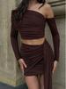 2025 Autumn French Women's One-Shoulder Long-Sleeve Top with Slimming Ruched Ribbon and Hip-Hugging Short Skirt Set