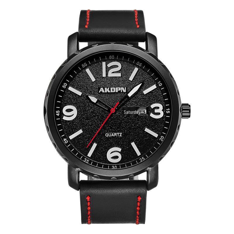 Men s Fashion Leather Watch: Large Dial, Dual Calendar, Quartz, Outdoor Sports чёрный