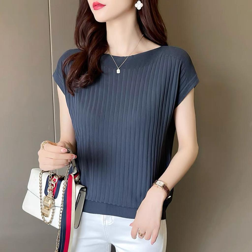 Dames Zomer Effen Kleur Losse Pasvorm Gebreide Top Lichtgewicht Elegante Blouse met Ronde Hals