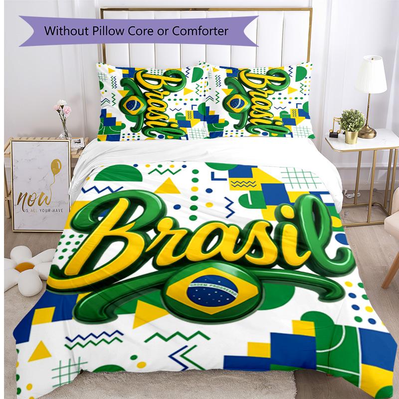 Brazil Football Printed Bedding 3 Piece Set Cozy Breathable Bed Cover Set as Housewarming Holiday Gift