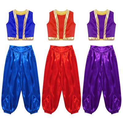 Detské kostýmy Arabského princa Obleky Pre chlapcov Mýtické arabské princovské oblečenie Halloweenske maškarné oblečenie Vesta so zlatým lemom s nohavicami