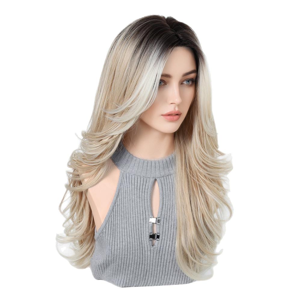 European And American Wind And Wind Gradually Change Platinum Long Curly Hair Wig Eight-Character Bangs Fluffy Natural High Temperature Silk Material
