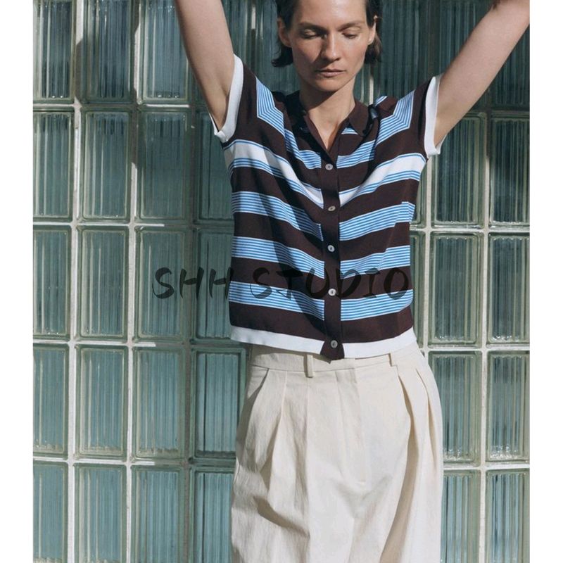 Summer New Product Women's Clothes French Style Preppy Style Short Stripe Knitting Short Sleeve Polo Shirt Collar Top 3920203