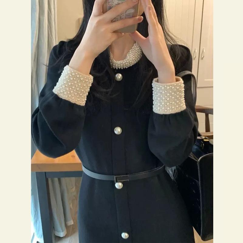 Small Dress Can Usually Be Worn Light Luxury Niche Coffee Break Black Knitted Bead Dress Women's Autumn and Winter